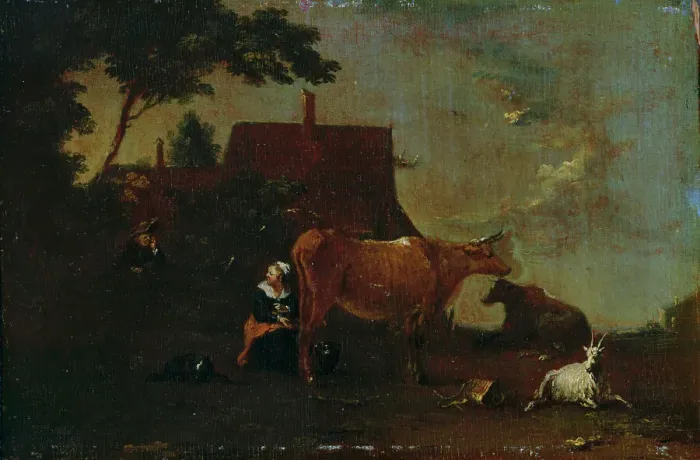 Framed Print : Milking the cow, 1717-1767. Creator: Norbert Grund Framed Print : Milking the cow, 1717-1767. Creator: Norbert Grund