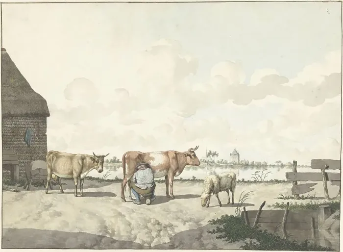 Framed Print : Milking farmer, 1700-1800. Creator: W. Barthautz Framed Print : Milking farmer, 1700-1800. Creator: W. Barthautz