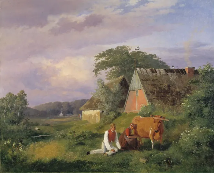 Framed Print : Milking scene. Illustrating a poem by Christian Winther, 1841. Creator: Johan Thomas Lundbye Framed Print : Milking scene. Illustrating a poem by Christian Winther, 1841. Creator: Johan Thomas Lundbye