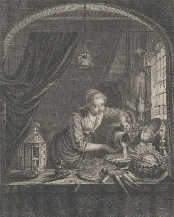 Framed Print : Milkmaid after the painting of G. Dou in the Cabinet of Mr. Poullain, mid-17th century Framed Print : Milkmaid after the painting of G. Dou in the Cabinet of Mr. Poullain, mid-17th century