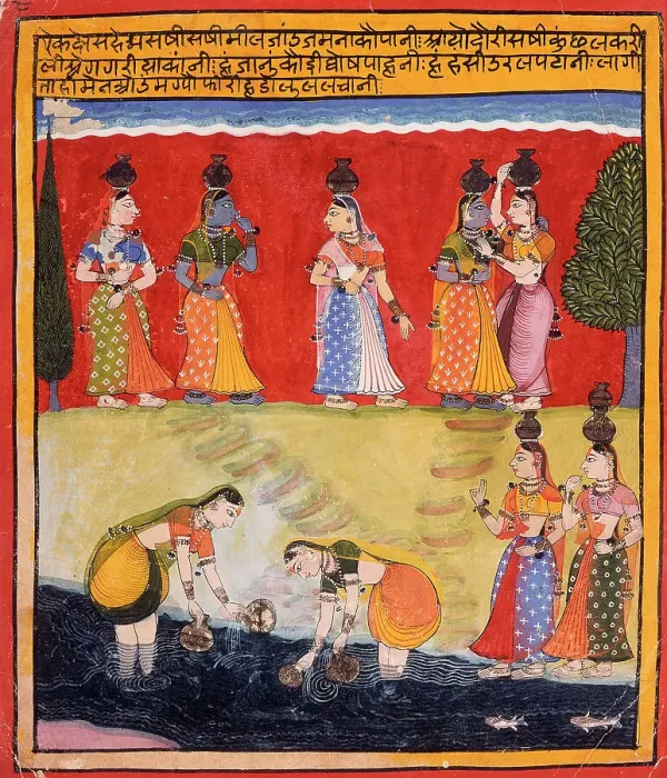 Framed Print : Milkmaids on the Riverbank, Folio from a Rasikapriya (The Connoisseur's Delights), c1650. Creator: Unknown Framed Print : Milkmaids on the Riverbank, Folio from a Rasikapriya (The Connoisseur's Delights), c1650. Creator: Unknown