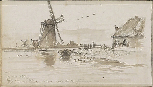 Mills and houses on the Rotte, 1864. Creator: Johannes Tavenraat