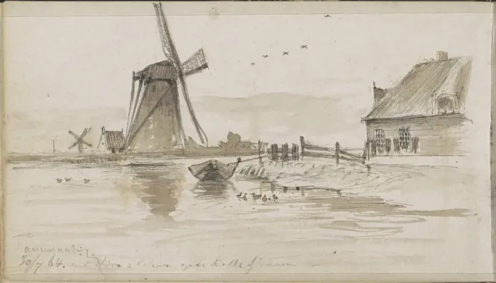 Framed Print : Mills and houses on the Rotte, 1864. Creator: Johannes Tavenraat Framed Print : Mills and houses on the Rotte, 1864. Creator: Johannes Tavenraat