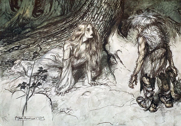 Mime finds the mother of Siegfried in the forest, 1924. Artist: Arthur Rackham