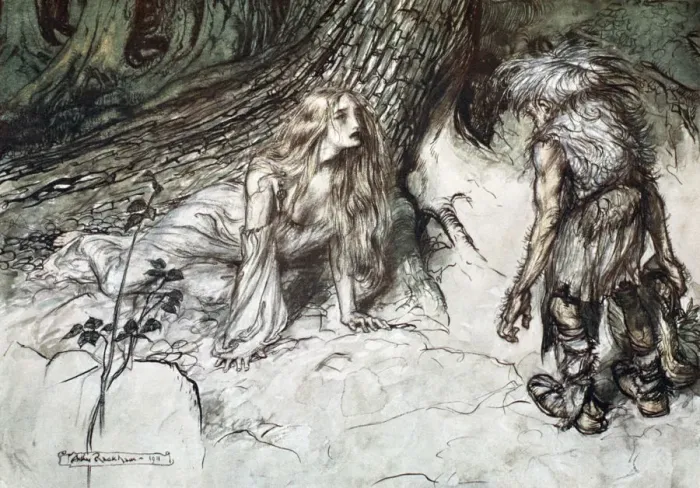 Framed Print : Mime finds the mother of Siegfried in the forest, 1924. Artist: Arthur Rackham Framed Print : Mime finds the mother of Siegfried in the forest, 1924. Artist: Arthur Rackham