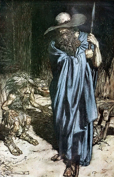 Mime and the Wanderer. Illustration for Siegfried and The Twilight of the Gods by Richard Wagner, Artist: Rackham, Arthur (1867-1939)