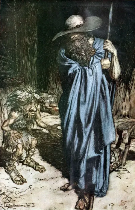 Framed Print : Mime and the Wanderer. Illustration for Siegfried and The Twilight of the Gods by Richard Wagner, Artist: Rackham, Arthur (1867-1939) Framed Print : Mime and the Wanderer. Illustration for Siegfried and The Twilight of the Gods by Richard Wagner, Artist: Rackham, Arthur (1867-1939)