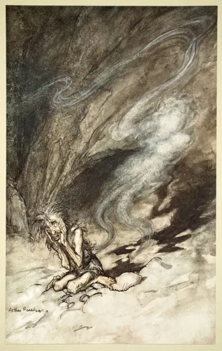 Framed Print : Mime writhes under the lashes he receives, 1910. Artist: Arthur Rackham Framed Print : Mime writhes under the lashes he receives, 1910. Artist: Arthur Rackham