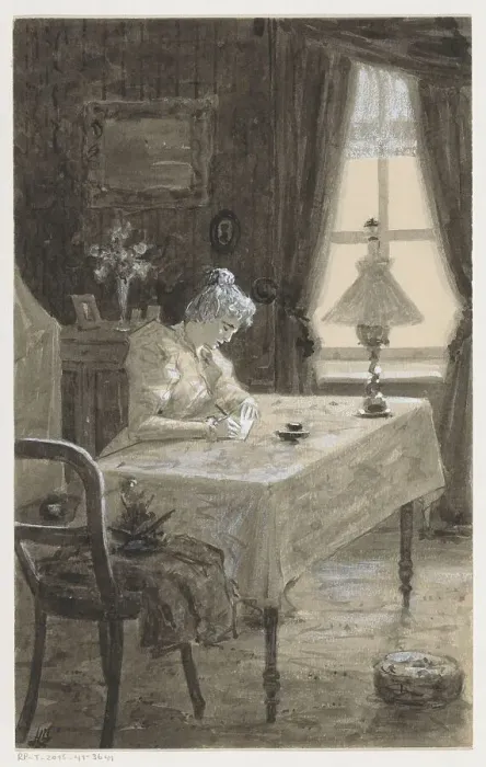Framed Print : Mimi writes a letter, in or before 1901. Creator: Louwerse, H.C Framed Print : Mimi writes a letter, in or before 1901. Creator: Louwerse, H.C