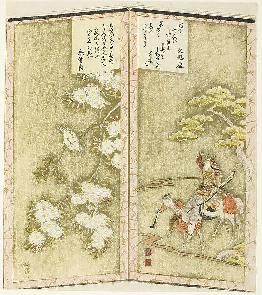 Minamoto no Yoshiie on horseback and a bird on a branch, from an untitled hexaptych... c. 1825. Creator: Shinsai