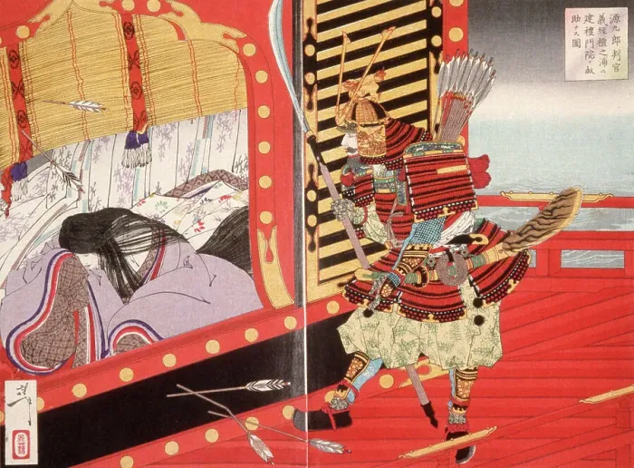 Framed Print : Minamoto no Yoshitsune Rescuing Kenrei Mon'in during the Battle of Dannoura, 1889. Creator: Tsukioka Yoshitoshi Framed Print : Minamoto no Yoshitsune Rescuing Kenrei Mon'in during the Battle of Dannoura, 1889. Creator: Tsukioka Yoshitoshi