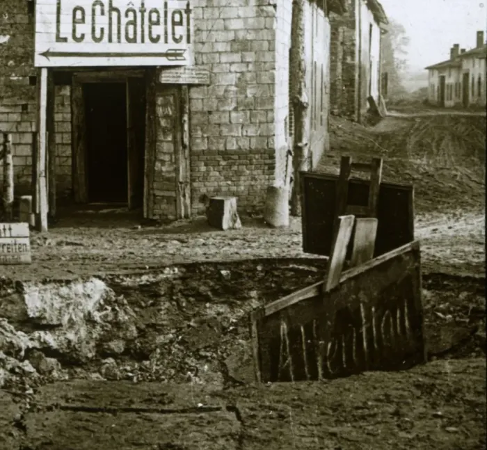 Framed Print : Mined crossroads, Le Chatelet, France, c1914-c1918 Framed Print : Mined crossroads, Le Chatelet, France, c1914-c1918