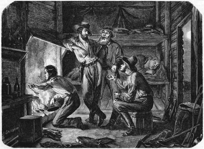 Framed Print : Miners in the Californian gold fields relaxing in their log cabin at night, 1853 Framed Print : Miners in the Californian gold fields relaxing in their log cabin at night, 1853
