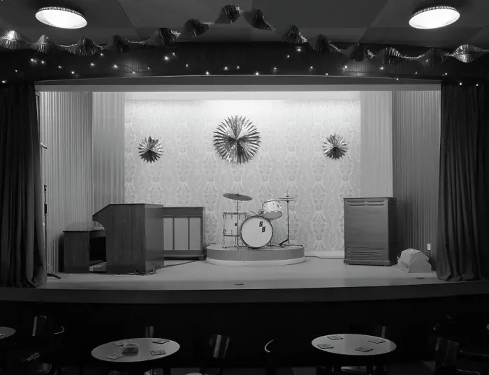 Framed Print : Miners welfare club stage, South Yorkshire, 1967. Artist: Michael Walters Framed Print : Miners welfare club stage, South Yorkshire, 1967. Artist: Michael Walters