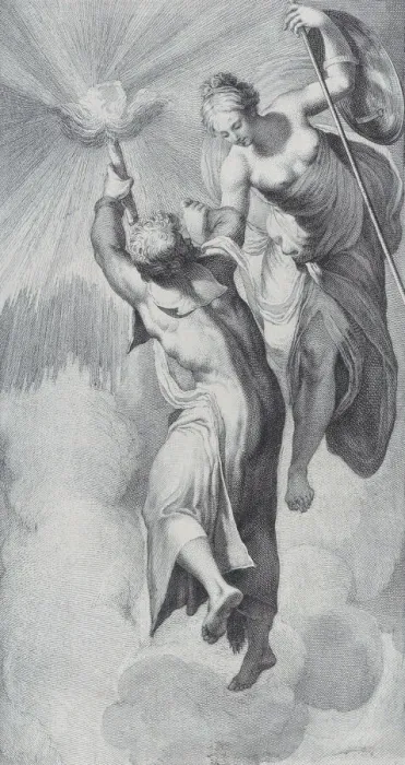 Framed Print : Minerva assisting Prometheus as he attempts to scale the heavens, 1756. Creators: Bartolomeo Crivellari, Gabriel Soderling Framed Print : Minerva assisting Prometheus as he attempts to scale the heavens, 1756. Creators: Bartolomeo Crivellari, Gabriel Soderling