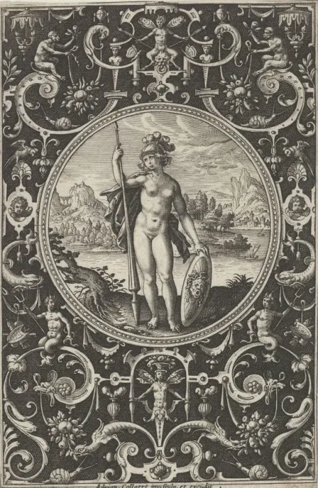Framed Print : Minerva in a Decorative Frame with Grotesques, from the Judgment of Paris, c1580-1600 Framed Print : Minerva in a Decorative Frame with Grotesques, from the Judgment of Paris, c1580-1600