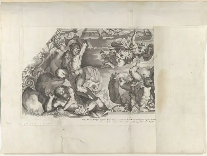 Framed Print : Minerva depicted at top with a shield and arrow vanquishing the Giants below, from Bar... ca. 1677. Creator: Anon Framed Print : Minerva depicted at top with a shield and arrow vanquishing the Giants below, from Bar... ca. 1677. Creator: Anon