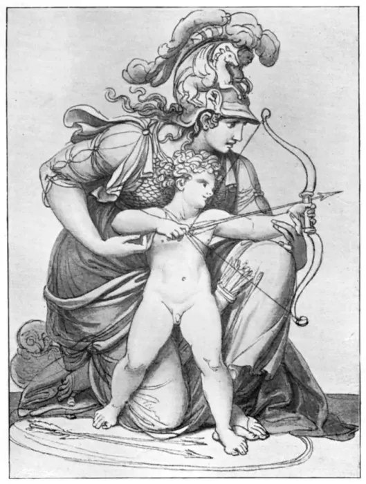 Framed Print : Minerva Directing the Arrow of Cupid, late 18th-early 19th century (1912). Artist: Richard Cosway Framed Print : Minerva Directing the Arrow of Cupid, late 18th-early 19th century (1912). Artist: Richard Cosway