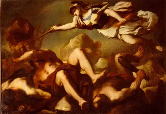 Framed Print : Minerva in the fight against Gigantes. Artist: Giordano, Luca (1632-1705) Framed Print : Minerva in the fight against Gigantes. Artist: Giordano, Luca (1632-1705)