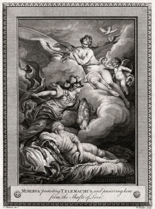 Framed Print : Minerva protecting Telemachus, and preserving him from the Shafts of Love, 1775. Artist: W Walker Framed Print : Minerva protecting Telemachus, and preserving him from the Shafts of Love, 1775. Artist: W Walker
