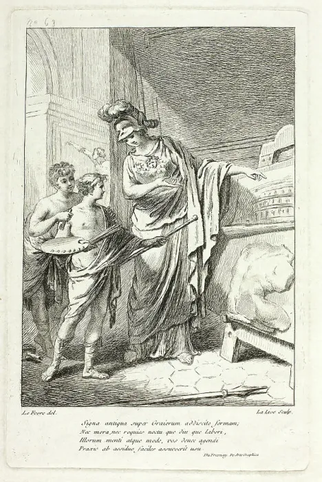 Framed Print : Minerva Teaching a Young Artist, illustration for the Catalogue historique du Cabinet by Mariette. Creator: Ange-Laurent de La Live de Jully Framed Print : Minerva Teaching a Young Artist, illustration for the Catalogue historique du Cabinet by Mariette. Creator: Ange-Laurent de La Live de Jully