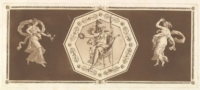 Framed Print : Minerve assisse dans un octagone decoratif, avec une figure agauche et à Framed Print : Minerve assisse dans un octagone decoratif, avec une figure agauche et à