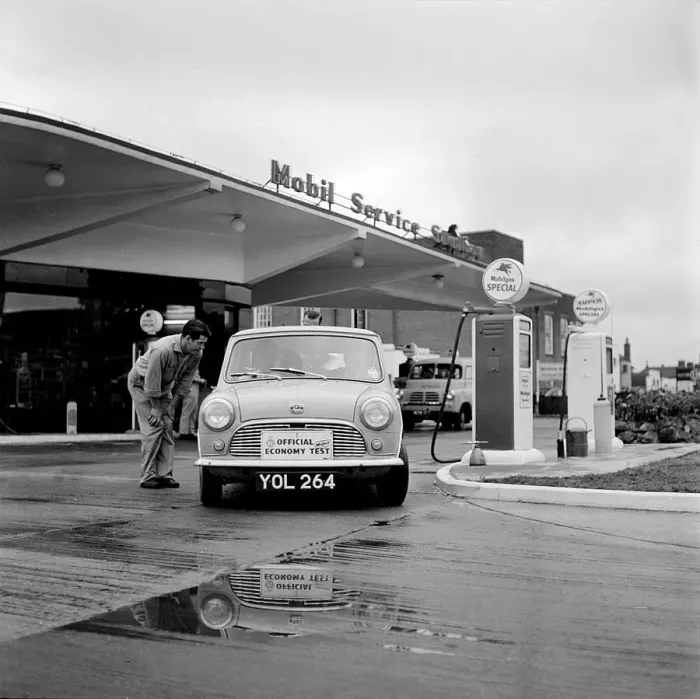 Framed Print : Mini on the 1959 Mobil Economy Run, re- fuelling. Creator: Unknown Framed Print : Mini on the 1959 Mobil Economy Run, re- fuelling. Creator: Unknown