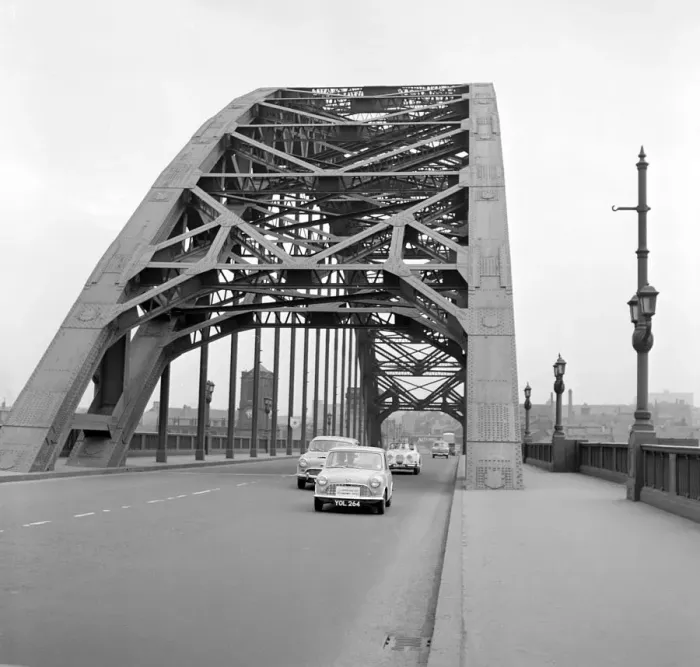 Framed Print : Mini on the 1959 Mobil Economy Run, Tyne Bridge in Newcastle. Creator: Unknown