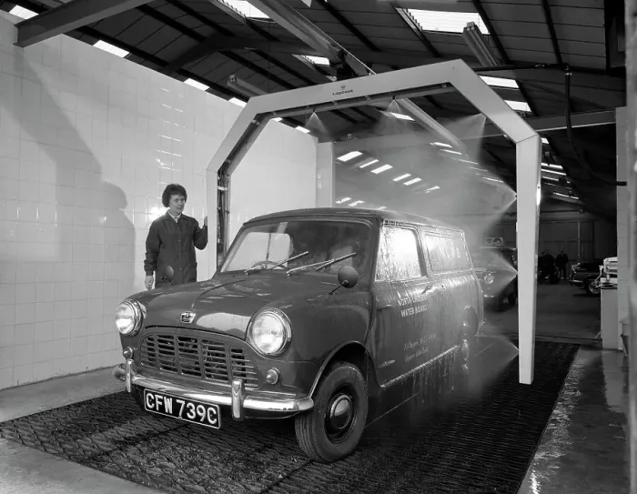 Framed Print : Mini van being washed in a car wash, Co-op garage, Scunthorpe, Lincolnshire, 1965 Framed Print : Mini van being washed in a car wash, Co-op garage, Scunthorpe, Lincolnshire, 1965