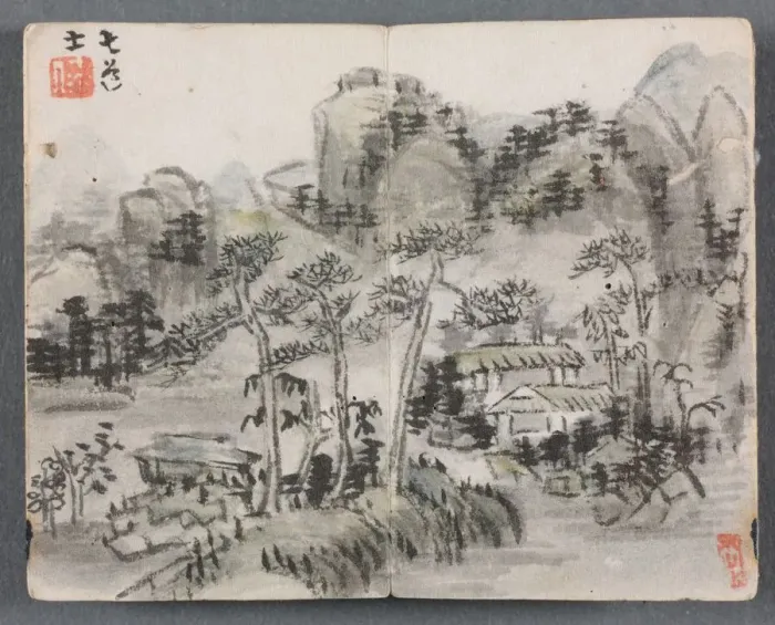 Framed Print : Miniature Album with Figures and Landscape (Landscape with Two Buildings), 1822. Creator Framed Print : Miniature Album with Figures and Landscape (Landscape with Two Buildings), 1822. Creator