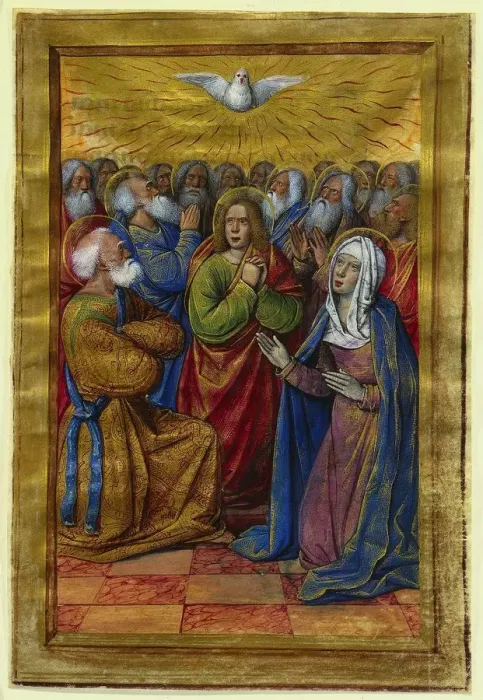 Framed Print : Miniature from a Book of Hours: The Pentecost, c. 1500. Creator: Jean Poyet (French) Framed Print : Miniature from a Book of Hours: The Pentecost, c. 1500. Creator: Jean Poyet (French)