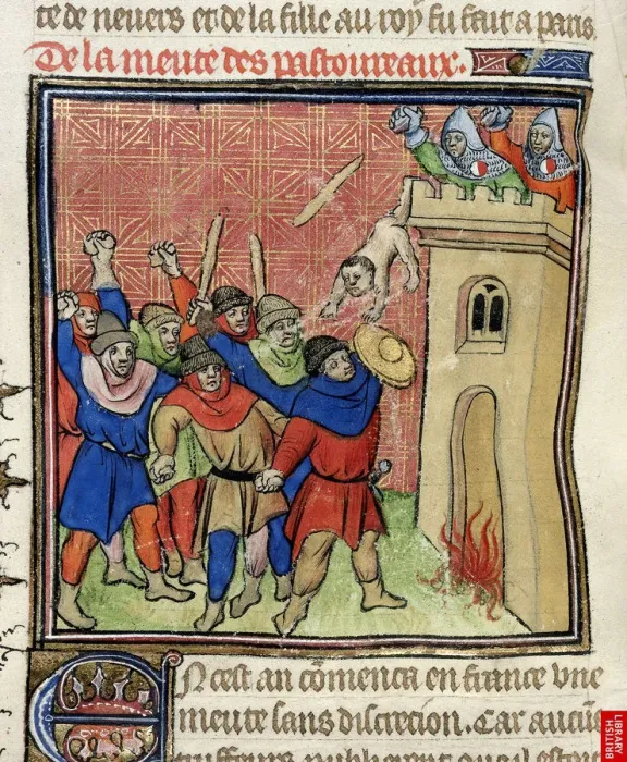Framed Print : Detail of a miniature of the Third Crusade of Pastoureaux. Jews throwing their children from a tower, after 1380. Artist: Virgil Master (active 1380-1420) Framed Print : Detail of a miniature of the Third Crusade of Pastoureaux. Jews throwing their children from a tower, after 1380. Artist: Virgil Master (active 1380-1420)