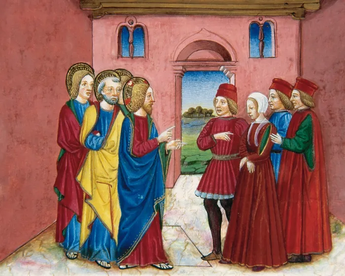 Framed Print : Miniature depicting the Pharisees bringing before Jesus a woman accused of adultery, 1476. Creator: Cristoforo De Predis Framed Print : Miniature depicting the Pharisees bringing before Jesus a woman accused of adultery, 1476. Creator: Cristoforo De Predis