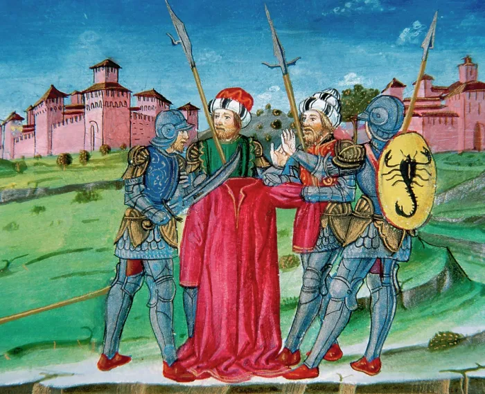 Framed Print : Miniature depicting soldiers raffling the tunic of Jesus, 1476. Creator: Cristoforo De Predis Framed Print : Miniature depicting soldiers raffling the tunic of Jesus, 1476. Creator: Cristoforo De Predis