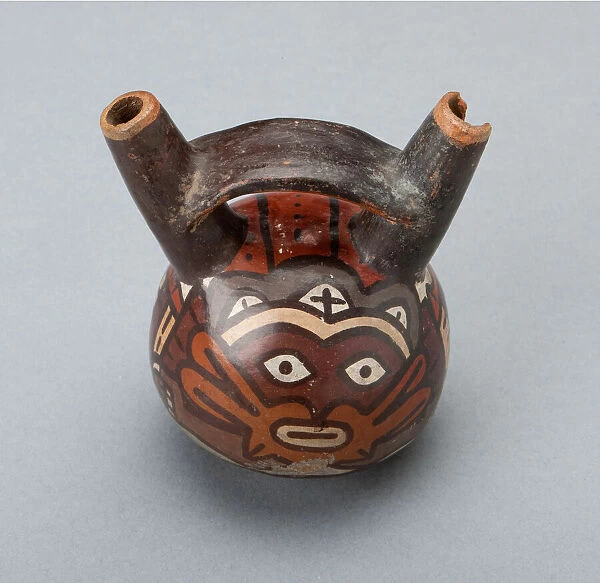 Miniature Double Spout Vessel Depicting Masked Ritual Performer, 180 B. C.  /  A. D. 500