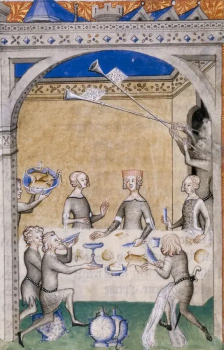 Framed Print : Miniature from Le Remede de Fortune by Guillaume de Machaut. Feast scene, 1355-1360 Framed Print : Miniature from Le Remede de Fortune by Guillaume de Machaut. Feast scene, 1355-1360