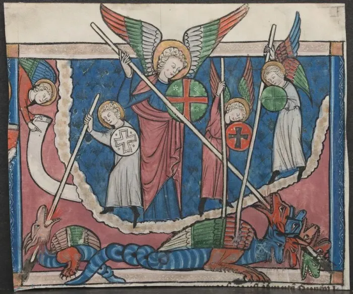 Framed Print : Miniature from a Manuscript of the Apocalypse: The War in Heaven, c. 1295. Creator: Unknown Framed Print : Miniature from a Manuscript of the Apocalypse: The War in Heaven, c. 1295. Creator: Unknown