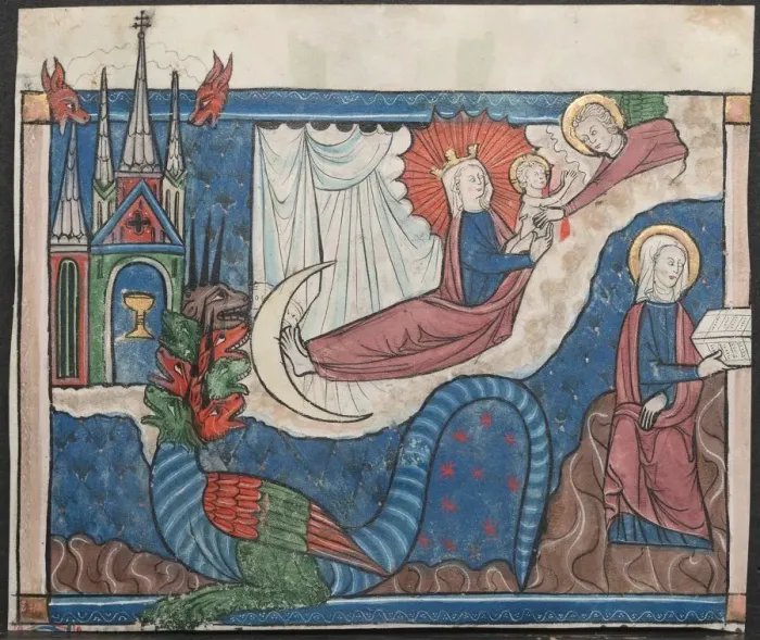 Framed Print : Miniature from a Manuscript of the Apocalypse: The Woman Clothed with the Sun, c. 1295 Framed Print : Miniature from a Manuscript of the Apocalypse: The Woman Clothed with the Sun, c. 1295