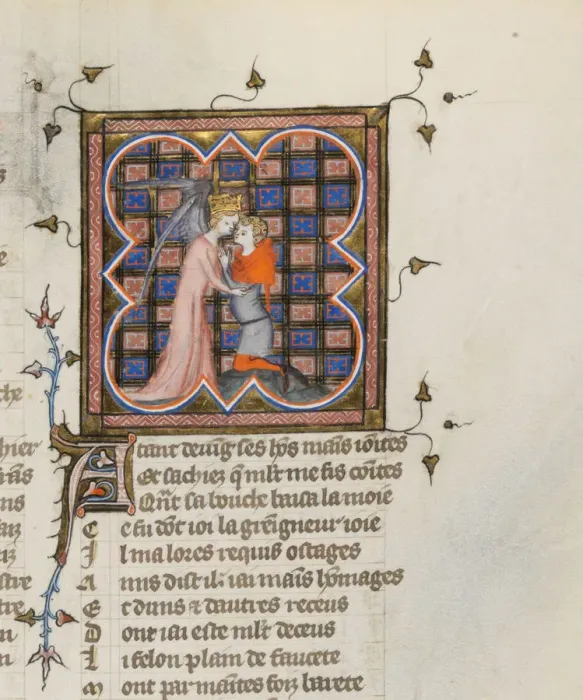 Framed Print : Miniature from a manuscript of the Roman de la Rose by Guillaume de Lorris and Jean de Meun, 1353. Artist: Master of the Rose novels (active Second Half of 14th cen. ) Framed Print : Miniature from a manuscript of the Roman de la Rose by Guillaume de Lorris and Jean de Meun, 1353. Artist: Master of the Rose novels (active Second Half of 14th cen. )