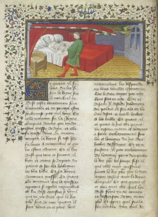 Framed Print : Miniature of Nectanebus practicising the enchantments of Olympias, who lies in bed, c1420. Creator: Unknown Framed Print : Miniature of Nectanebus practicising the enchantments of Olympias, who lies in bed, c1420. Creator: Unknown