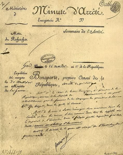 Ministerial order on the subject of La Tour d Auvergne, 15 July 1803, (1921). Creator: Unknown