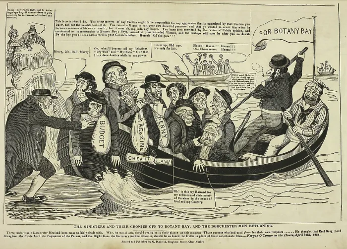 Framed Print : The Ministers and their cronies off to Botany Bay, and the Dorchester men returning, 1834-1835. Creator: Charles Jameson Grant. The Ministers and their cronies off to Botany Bay, and the Dorchester men returning, 1834-1835 Framed Print : The Ministers and their cronies off to Botany Bay, and the Dorchester men returning, 1834-1835. Creator: Charles Jameson Grant. The Ministers and their cronies off to Botany Bay, and the Dorchester men returning, 1834-1835