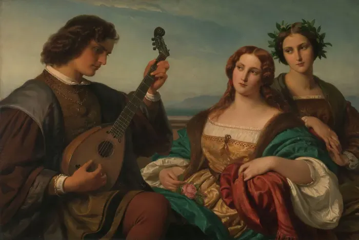 Framed Print : Minstrel and two listening Ladies, 1849. Creator: Carl Ferdinand Sohn Framed Print : Minstrel and two listening Ladies, 1849. Creator: Carl Ferdinand Sohn
