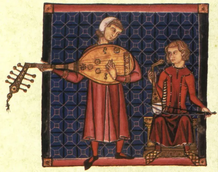 Framed Print : Two minstrels. Illustration from the codex of the Cantigas de Santa Maria, c. 1280. Artist: Anonymous