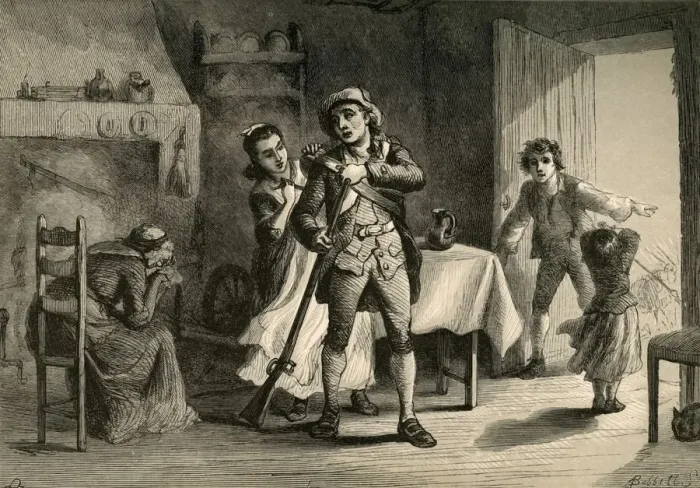 Framed Print : A Minute Man Preparing for War, (1877). Creator: Albert Bobbett Framed Print : A Minute Man Preparing for War, (1877). Creator: Albert Bobbett