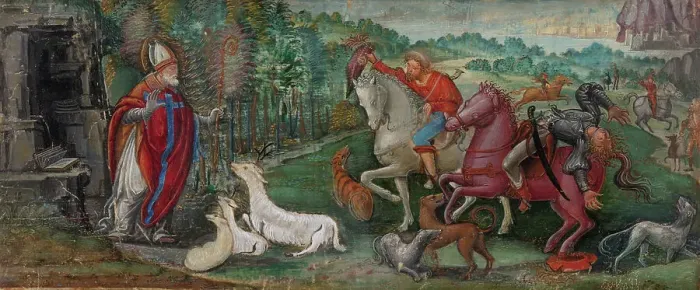 Framed Print : Miracle of the Deer of Saint Bassiano, from a Choir Book, 1500 / 10. Creator: Francesco Binasco Framed Print : Miracle of the Deer of Saint Bassiano, from a Choir Book, 1500 / 10. Creator: Francesco Binasco