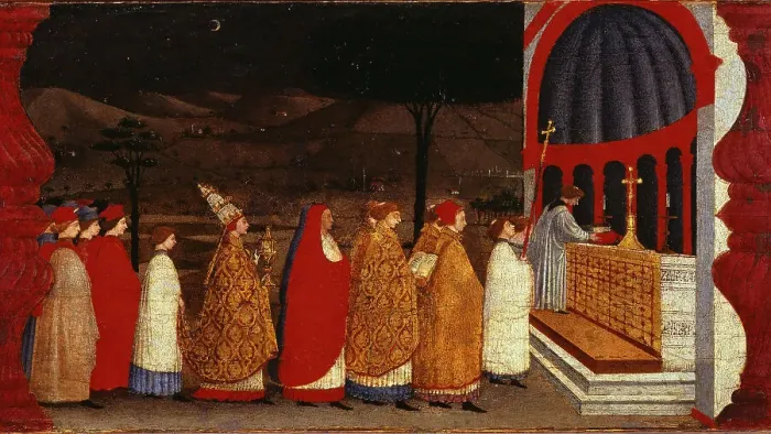 Framed Print : The Miracle of the Desecrated Host (Predella Panel for the church of Corpus Domini in... 1465-1469. Creator: Uccello, Paolo (1397-1475) Framed Print : The Miracle of the Desecrated Host (Predella Panel for the church of Corpus Domini in... 1465-1469. Creator: Uccello, Paolo (1397-1475)