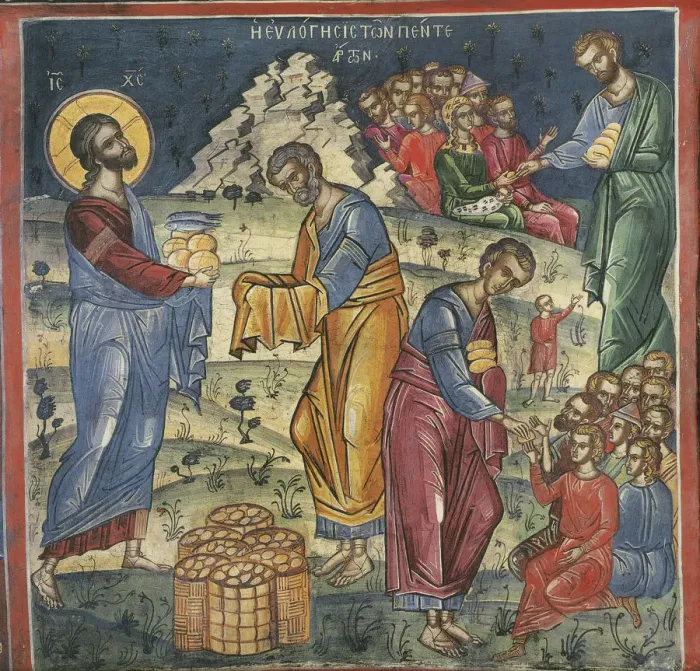 Framed Print : The Miracle of the Five Loaves and Two Fishes, 16th century. Artist: Byzantine Master Framed Print : The Miracle of the Five Loaves and Two Fishes, 16th century. Artist: Byzantine Master