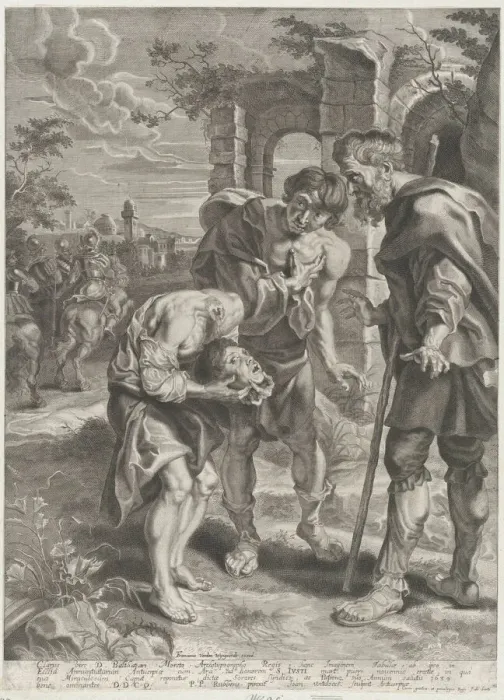 Framed Print : The miracle of Saint Just, who stands at center holding his decapitated head in his hands... 1639. Creators: Jan Witdoeck, Peter Paul Rubens Framed Print : The miracle of Saint Just, who stands at center holding his decapitated head in his hands... 1639. Creators: Jan Witdoeck, Peter Paul Rubens