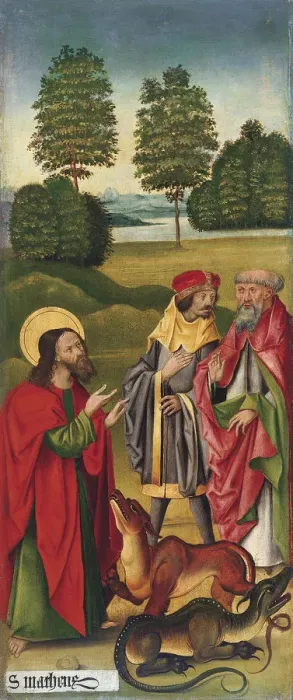 Framed Print : The Miracle of Saint Matthew taming the Dragons, 1478. Artist: Malesskircher, Gabriel (ca. 1425-1495) Framed Print : The Miracle of Saint Matthew taming the Dragons, 1478. Artist: Malesskircher, Gabriel (ca. 1425-1495)